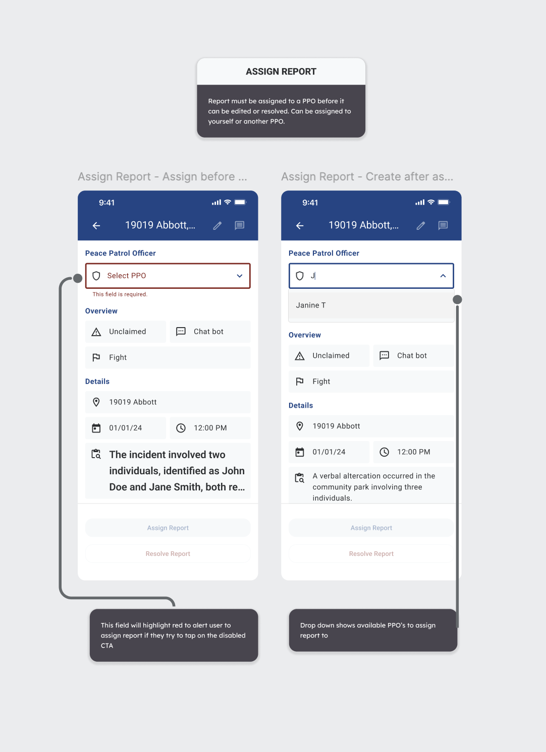 Required-field disabled CTA pattern before a PPO is selected vs. the dropdown-open state